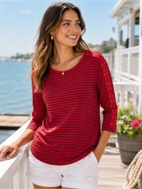 Charter Club XL Red Navy Stripe Lace-Up Sleeve Top Nautical Casual